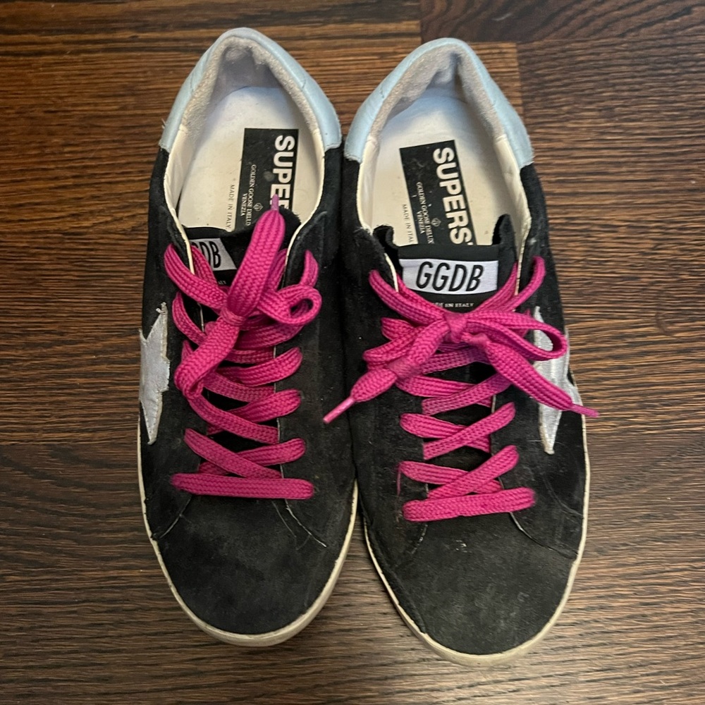 Golden Goose navy and pink suede Superstar sneaker